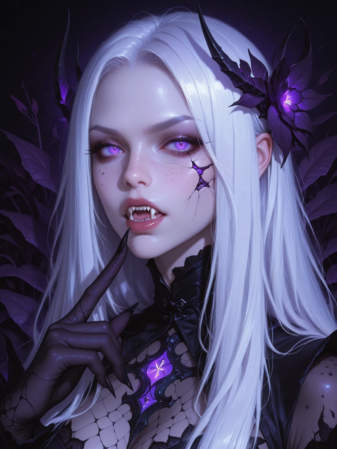 (1girl, woman, female, vampire, dracula, solo, pale skin, wearing coat), (very long hair, silver hair, bangs, hair between eyes), (purple eyes, tusk, pointed ears), (in westminster), --auto --s2