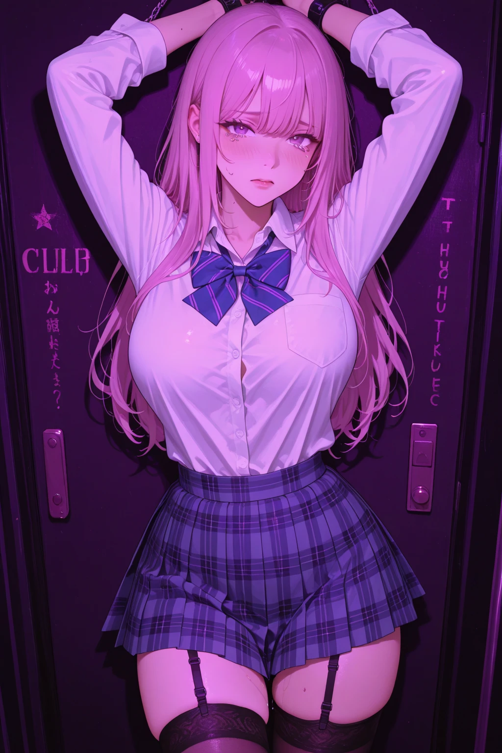 (Masterpiece, Best Quality, High Quality:1.4), professional artwork, Intricate Details, field of view, sharp focus, detailed painting, masterpiece, cinematic lighting, trending on pixiv, (vivid lighting, vibrant colors, by by Nagasawa Rosetsu:1.05),
Hiroko Takashiro, (mature female, milf:1.1), solo, (curvy:1.1), standing, (full body shot:1.1),
(red hair:1.05), long hair, high ponytail, lipstick, makeup, ultra detail hair, ultra detail face, (purple eyes:1.05), perfect eyes, perfect face, (confused, blush:1.2),
shirt, (black thighhighs, garter belt:1.1), zettai ryouiki, pleated skirt, green skirt, white shirt, highheels,
(Large Breasts:1.1), Cleavage, big ass, thighs,
