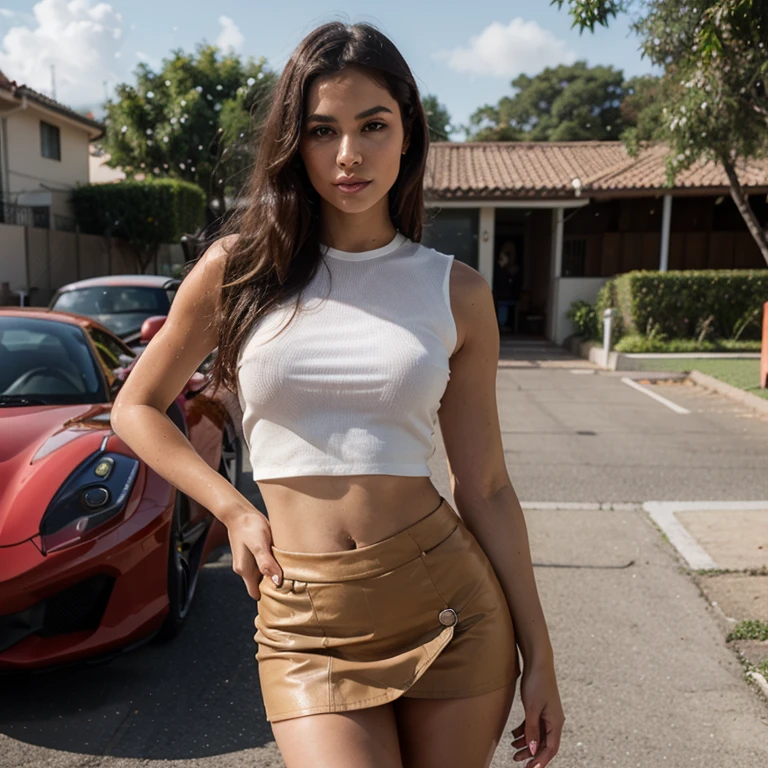 Instagram influencer, Latina female, 27 years old, athletic body, large breasts, tan skin, long wavy brown hair, green eyes. In a short black skirt with a red top, standing by a red 2024 Corvette. City background at golden hour. 