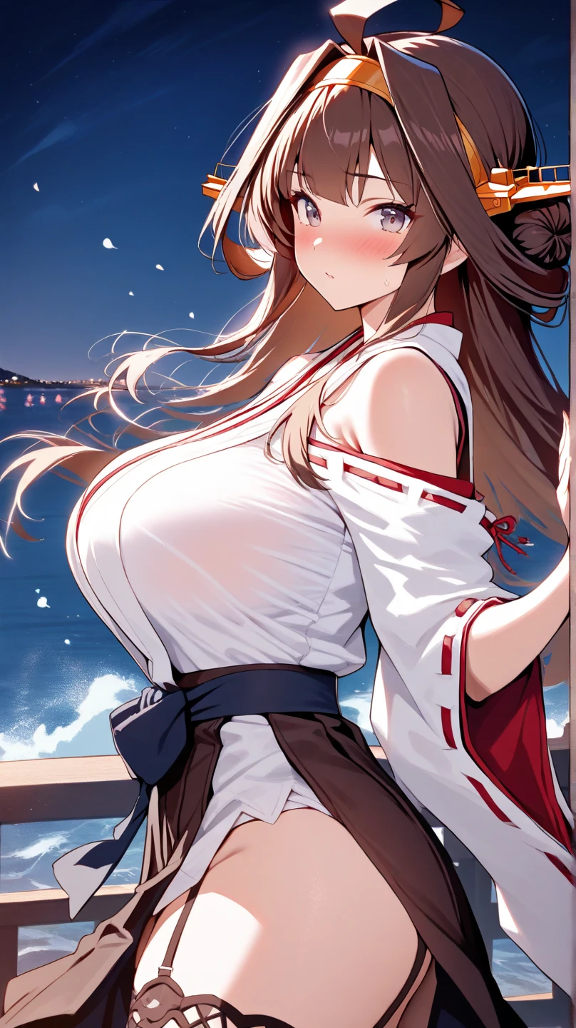 ((masterpiece, best quality, high resolution, ultra high definition, Pixel perfect, depth of field, 4K, RTX, human development report))), 1girl in, single, alone, Beauty、see whole body、 ((Long hair to waist, Short Liuhai, reddish brown hair)), ((blue eyes, beautiful eyelashes, realistic eyes)), ((Detailed face, blush:1.2)), ((smooth texture:0.75, lifelike质感:0.65, lifelike:1.1, Anime CG style)), medium breasts, Perfect body, ((Red Japanese kimono, exposing her chest, bare shoulders ,Black tights)), A confident smile, Sitting sideways on a chair, Look down from above、(The wind is strong and blows my hair，exposed thighs、Black tights) , Night view hot spring,Snowy nights
