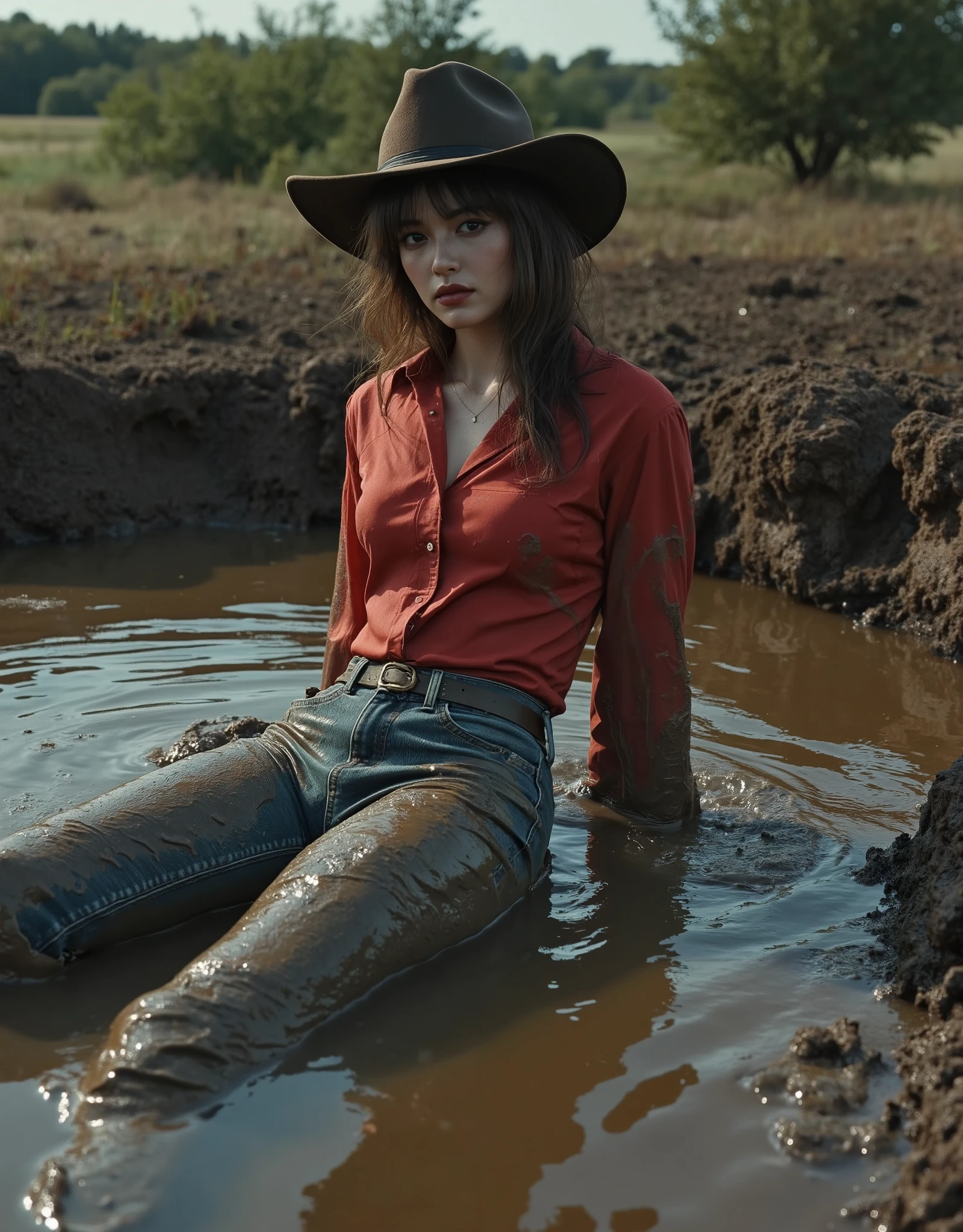 1980s artistic film photo setting, cowgirl, shameful fetishistic atmosphere,woman taking a mud bath , jeans,covered in mud,expression of despair, blouse, red green blue