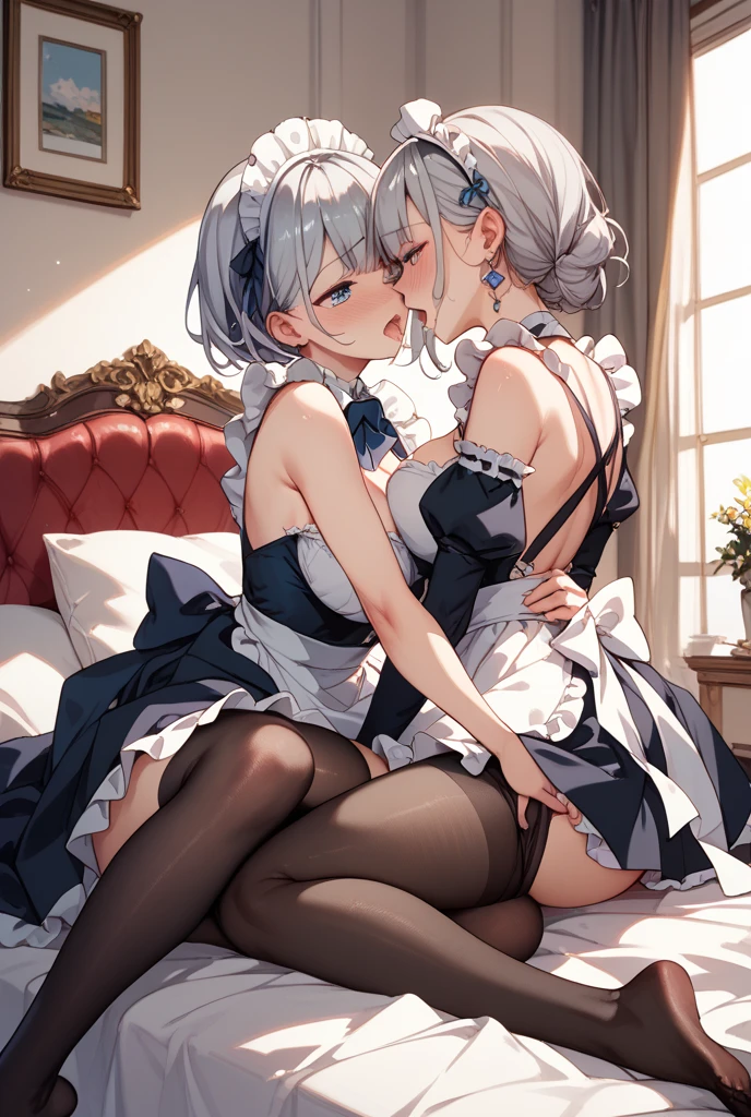 core_9, score_8_up, score_7_up, source_anime, duo, gynomorph/femail, dominant gynomorph,humanoid/human, human on anthro, interspecies, big dom small sub, height difference, age difference, yuri, kiss, hug, gynomorph penetrating, vagina penetration, (blue skin:1.3) horn, Large bat-like wings, Spade Tail, Succubus, devil, seducer, (Large Breasts:1.3) Wide Hips, black armor, mature, larger female, white hair, very long hair, red eyes, bottomless female, Long Hair, (Brown Skin:1.3) ,Green Hair, (huge Breasts:1.2), disproportionate breasts, large penis, Wide Hips, Maid clothes