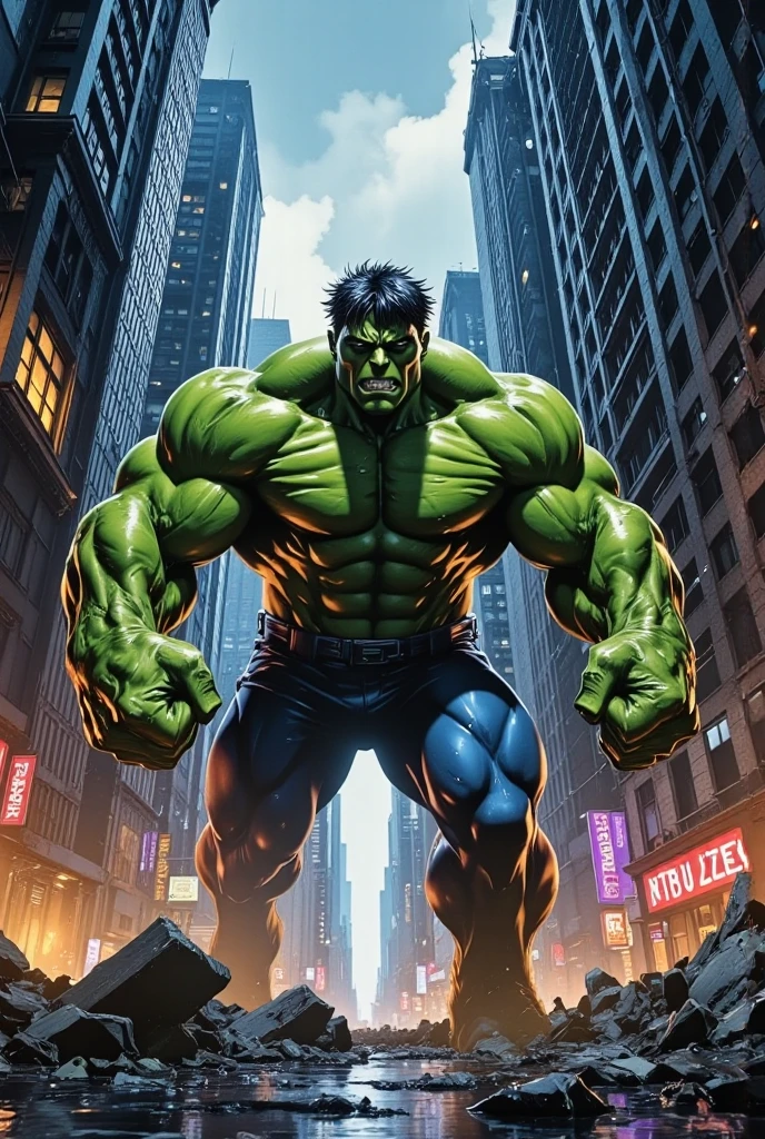 hulk in a city with a green face and a black shirt, hulk like physique, hulk body type, hulking, inspired by Ryan Barger, portrait of the hulk, hulk, muscular male hero, hulkish, son goku as the incredible hulk, the hulk, incredible hulk, musclebound and hulking, muscular!! sci-fi, muscular character