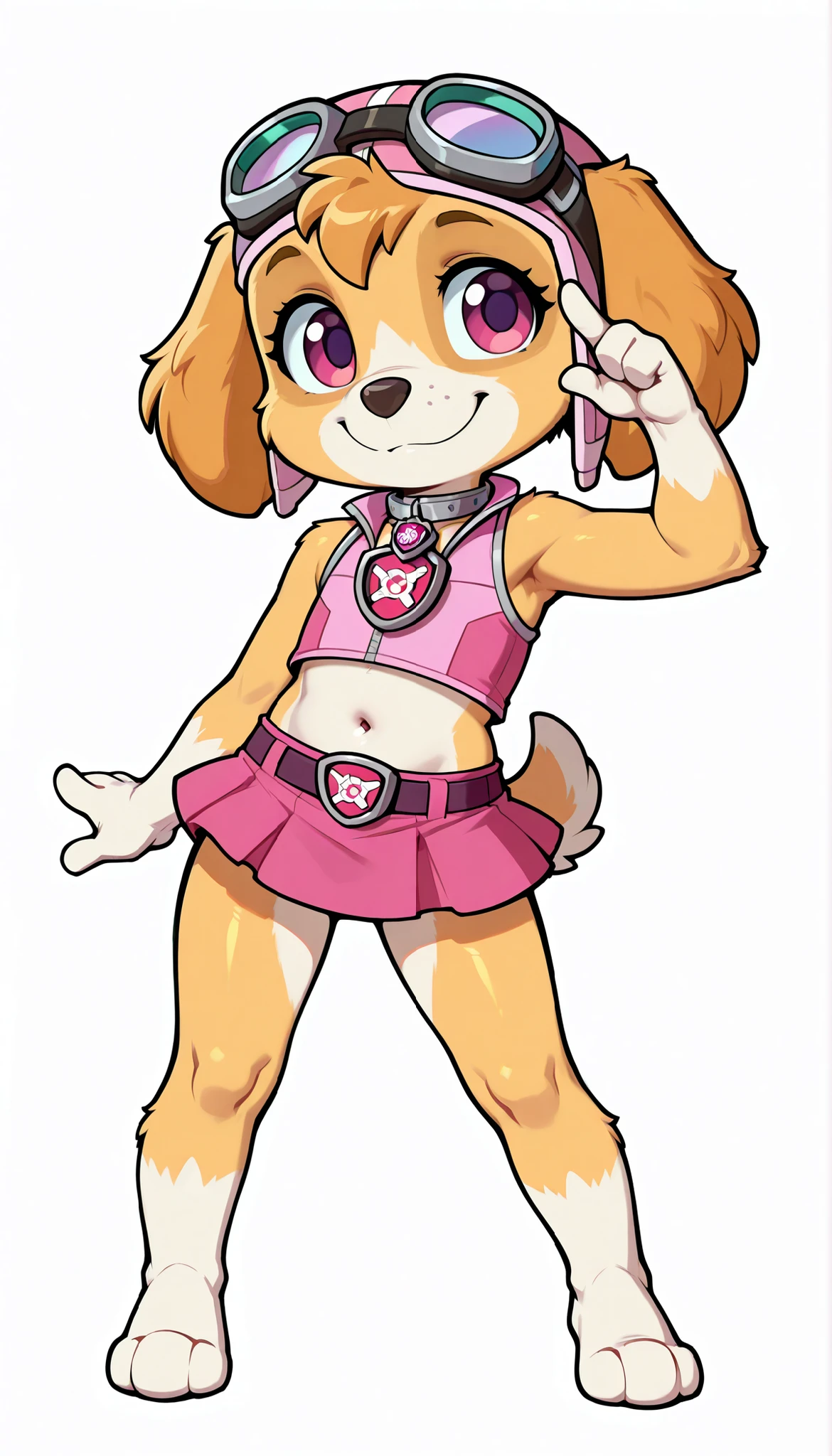 score_9, score_8_up, score_8, 1girl, source_cartoon, source_furry, skyepp, dog, furry, toddler, skye, paw patrol, cute face, 4 fingers, standing, ((goggles, pink pilot hat, Skye collar, pink top, midriff, pink mini skirt)), white background, simple background, glistering body, shiny body, confident face, skinny, thin body, full body, feets with three toes
