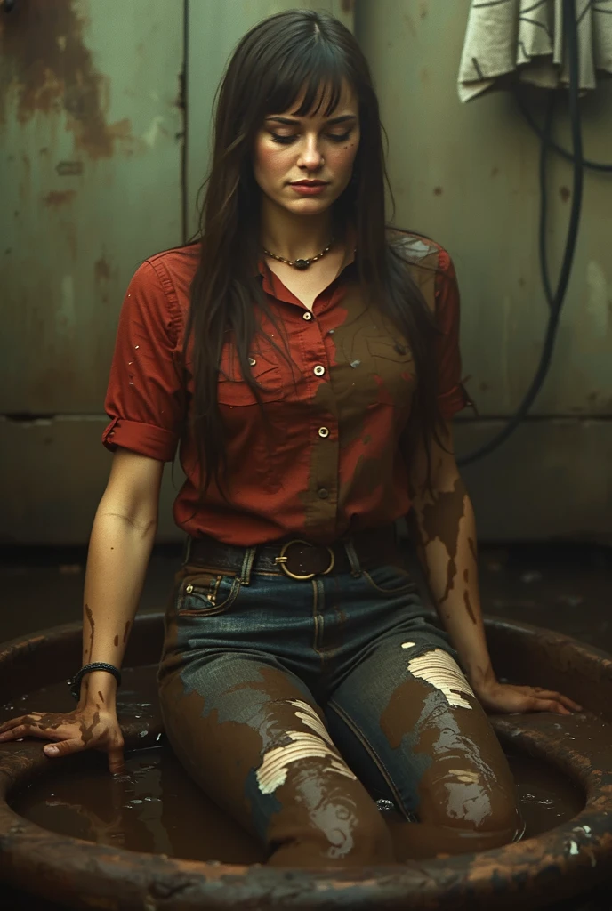 the figure sits with his legs spread apart, fully clothed figure in various rusted clothes, the figure is covered by a dirty torn skirt, the figure is wearing a ragged long t-shirt, a sweater and a coat, thin gypsy woman with a zombie-like appearance, Under heavy drugs, Serious mental illness written on her face, prominent veins on her neck legs and hands, Sad, Sprayed with man's sperm on body, Realistic pussy, Post-apocalyptic world, Only one woman in the picture, Ugly environment, Ugly scenery, Abandoned well-equipped operating theater circa 1920, Ruined room, Woman looking at camera, Woman in center of picture, Realistic, Spread legs, bare feet, woman is dressed, covered breasts
