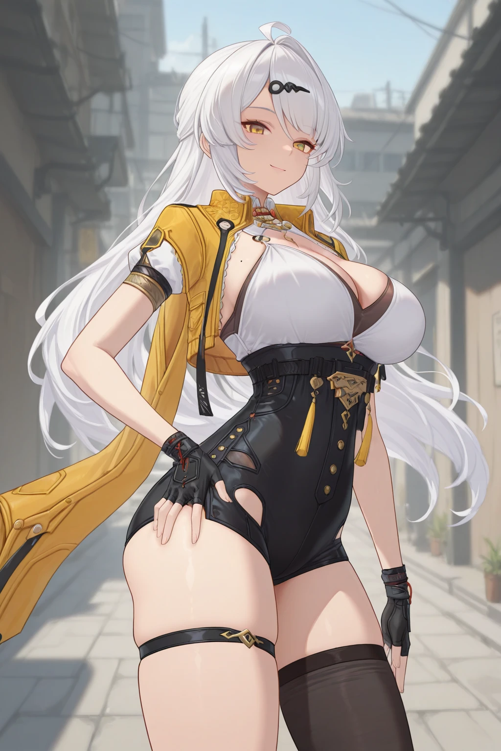 (masterpiece,best quality,perfect anatomy:1'0),(perfect eyes,detailed eyes,ultra hd resolution,detailed face:1,0),(experssive face,expressive eyes:1,2),(perfect body,huge breast,perfect color:1,0),(silver hair,long hair,blue eyes:1,1),(bandage chest,short pants,showing breast:1,0),(full body headshoot,standing,tatto,arms behind head,showing armpits,solo,1-girls:1,0),blushing,cute face