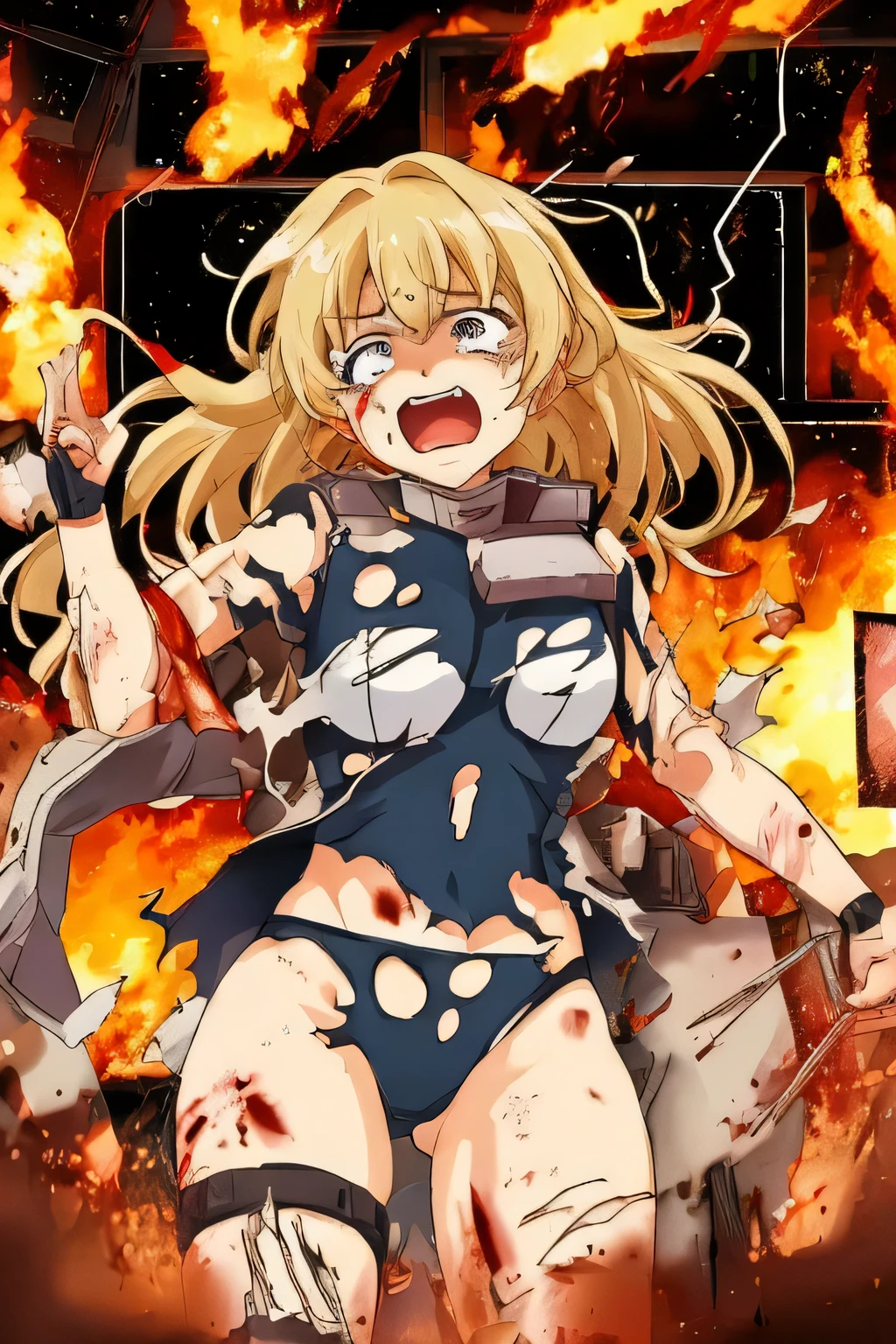 1girl, nsfw, Cagalli Yula Athha, blonde hair, short hair, brown eyes, large breasts, nipple, naked, nude, sea, Highway, flooded, running, Building FIRE, Heavy snowfall, Peeing, lactation, projectile lactation
