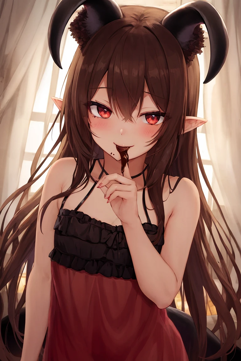1girl, bangs, bare_shoulders, blush, breasts, choker, collar, collarbone, dark_elf, elf, eyebrows_visible_through_hair, face, fangs, hair_between_eyes, half-closed_eyes, halterneck, long_hair, long_pointy_ears, looking_at_viewer, medium_breasts, o-ring, o-ring_top, open_mouth, pointy_ears, red_eyes, silver_hair, simple_background, smile, solo, sweat, upper_body, white_background <lora:style_Saburou:1>
