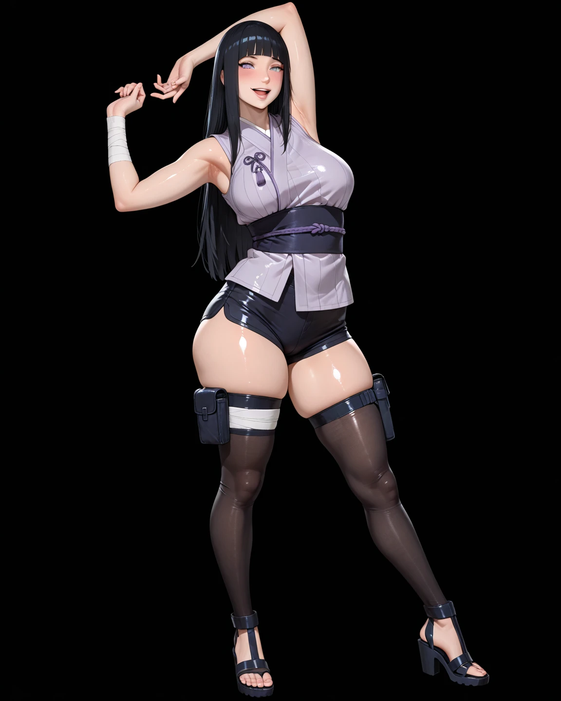 Alafed woman in black and red costume posing for photo, asuka suit under clothes!, katanas strapped to her back, zora々Shishi Japan of Girls, Kunoichi, Rin Tohsaka, render of a cute 3d anime girl, 3d anime girl, wearing leotard, full body zenkai! asuka suit、top-quality、Photoreal Stick、Wear skin-tight treotards、8K