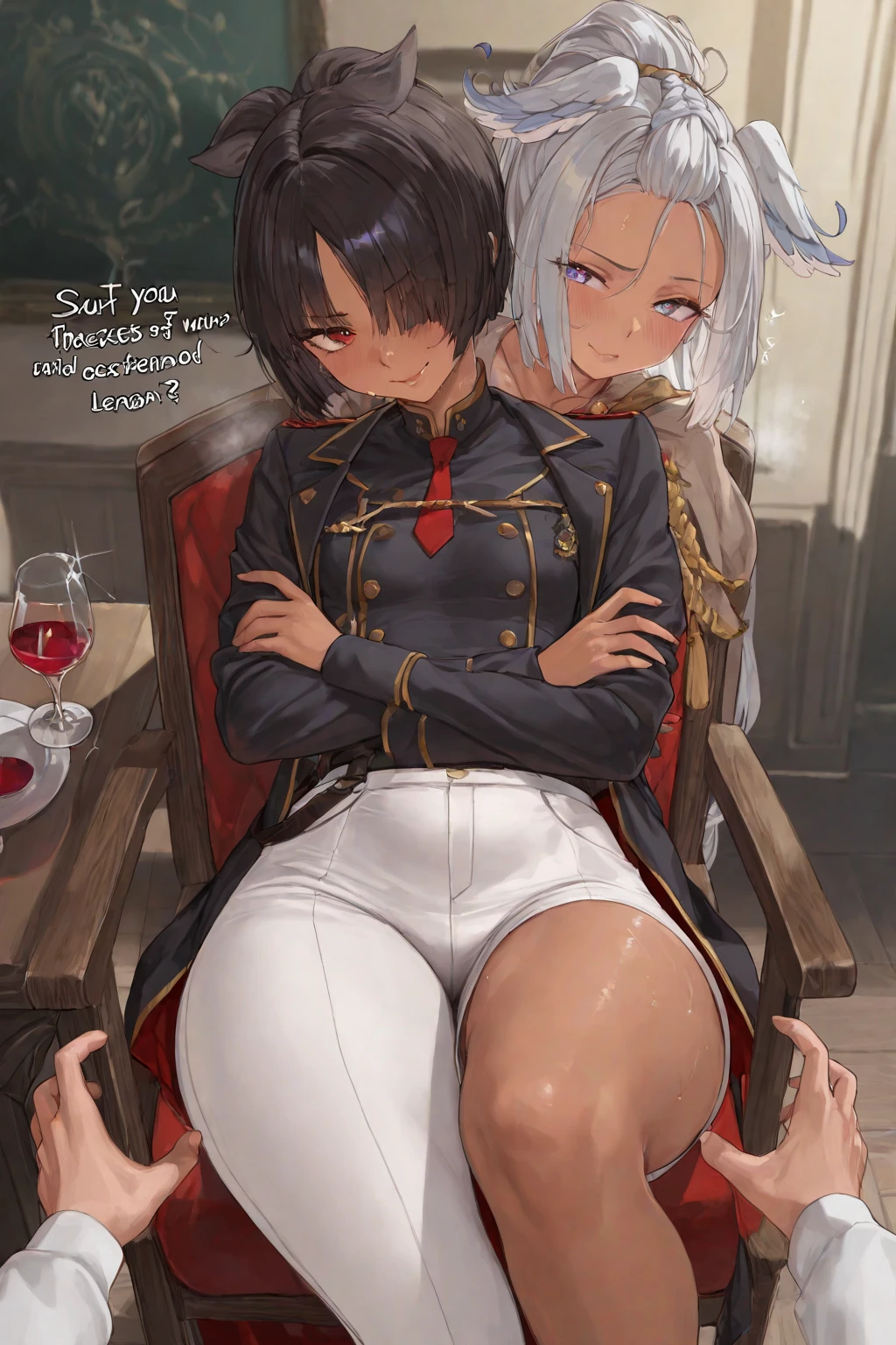 score_9, score_8_superior, score_7_superior, sauce_anime, evaluation_Safety, hakase fuyuki, One girl, Virtual YouTuber, Red eyes, Gray Hair, Long hair short hair, Low twin tails, Side Lock, Hair Clip, Neck ribbon, Red ribbon, Black sweater, Collared shirt, Open jacket, White jacket, flower, Tea belt, Long sleeve, Sleeves are longer than the wrist, White gloves, Pleated skirt, Black Skirt, Black Pantyhose, Lying in bed,Dutch Angle, Particles of light, light, Research Room, window, window shade,masterpiece, Highest quality, High resolution,Titty fuck blowjob,Hakase Fuyuki,Virtual YouTuber,vtuber,nsfw,bare breasts,penis,breast squeeze,Hakase Fuyuyuki,1boy,男がsuperiorに乗っている,Horse riding,From the head,Sleep,lies down on bed,male on top,from head side,lies down on bed,Horse ridingパイズリ,gigantic breasts,Super Breasts,A woman is sleeping on her back,A woman is sleeping in bed,Are crying,Angry,Holding it in his mouth,Cum in mouth,