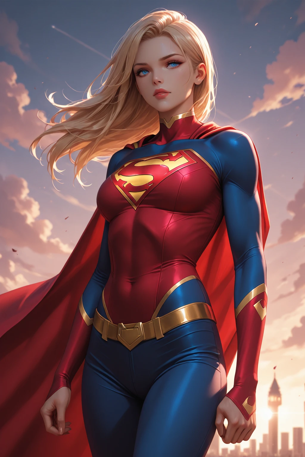 ((Highest quality, masterpiece, nonsense)),One girl:1.9, sexy, ( 18-year-old, Expressive blue eyes, shoulder-length blonde hair, Long Hair,loose and voluminous hair),Dress up as Supergirl (supergirl suite custom cosplay), Red pleated skirt,Naughty, terrace of 1 building