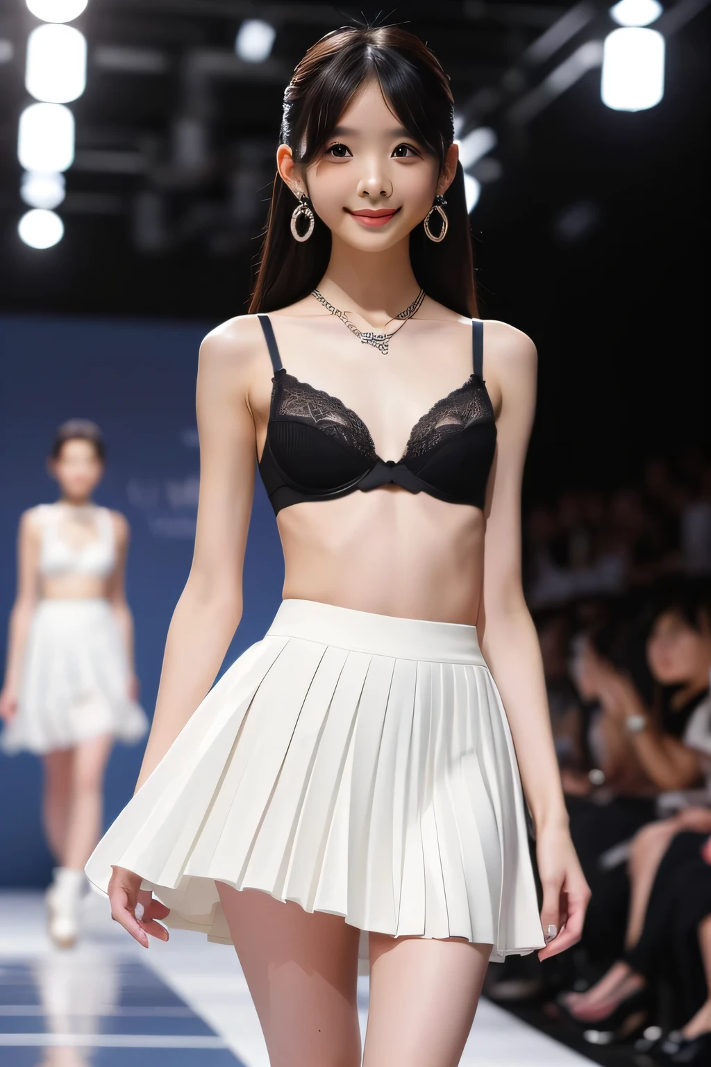 （Highly detailed body，Highly detailed face，the best quality：1.2） ，a woman with，Look at viewers，（Black bandeau，a black pleated skirt，Black lace collar）(C Chest 1.4)，（Center of the catwalk in the background：1.4）