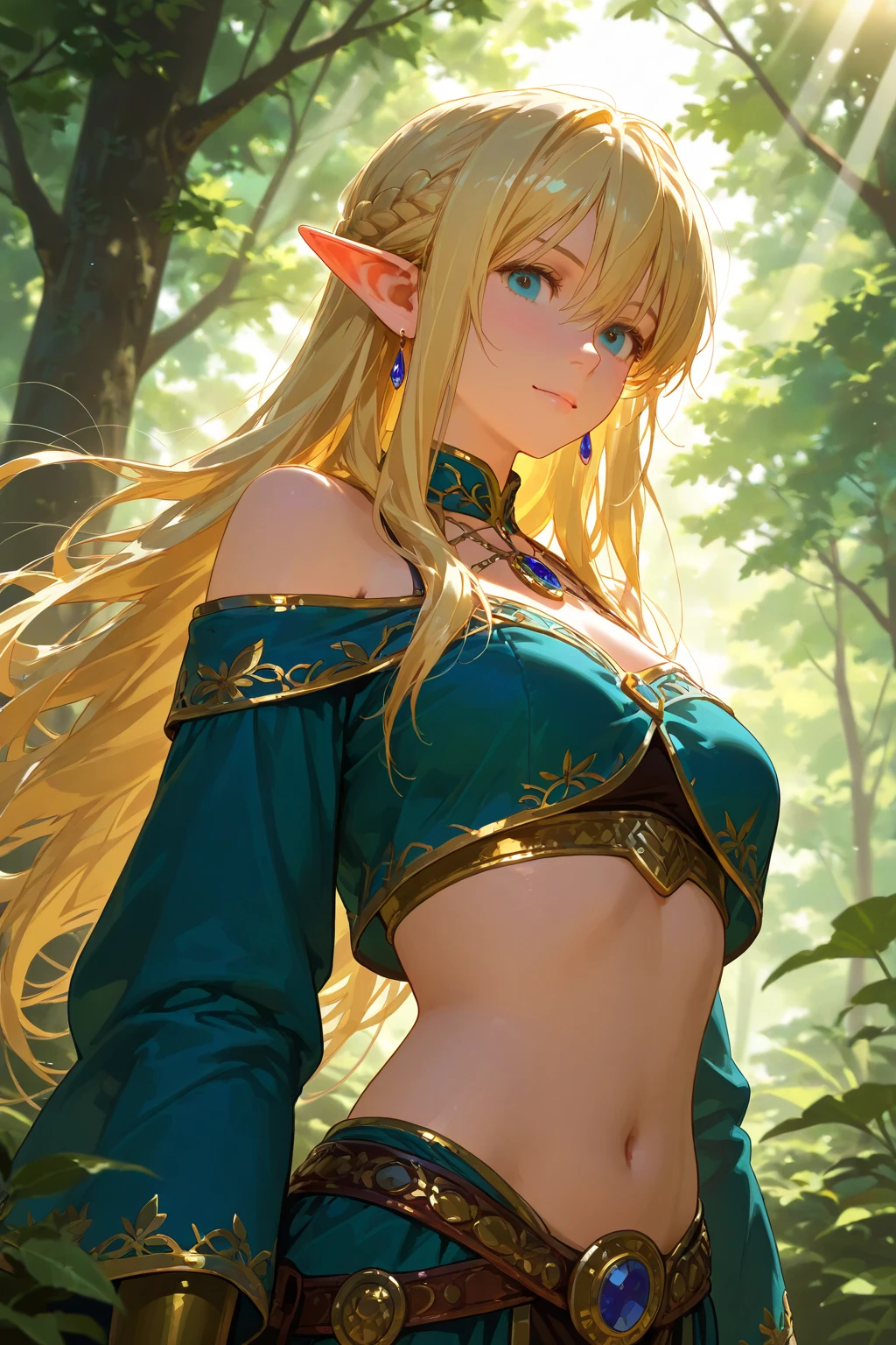 masterpiece, highest quality, Very detailed, 16k, Ultra-high resolution、1 middle-aged elf girl, Detailed face、Perfect Fingers, Elf Ears, Small breasts, blue eyes, Blonde, Braid, Sleeveless, Belly button, Tight Skirt, Light clothing, in the forest, Sitting on the branch of a big tree