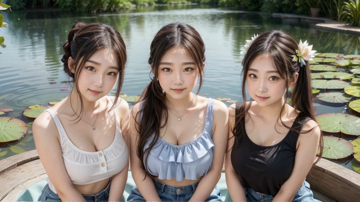 ( 3 girls),smile、Look into the camera、diamond necklace、braided hair, Wear a denim skirt and a brightly colored tank top that reveals your upper arms.、Extra long twin tail feathers、Flower Hair Ornaments、 Masterpiece, Highest quality, 8ก, beautiful girl, young face、 photography, Cute face, thigh,(Sitting in a lotus pond),、รอยsmile、small waist, blue eyes(((The chest is erect...)))(((round chest)))(((big breasts:1.0)))