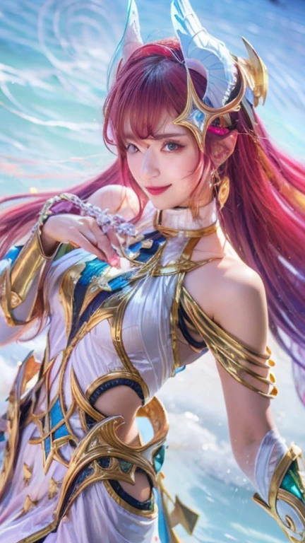 long white hair, beautiful celestial mage,  the mask and smile, lips are red full portrait of elementalist, full body xianxia, heise jinyao, onmyoji detailed art, g liulian art style, extremely detailed artgerm, by Yang J, white haired deity, astral ethereal, holy fire spell art, highly detailed, (high detailed skin:1.hotorealistic:1.3), ultra-detailed, (high detailed skin:1.2), expressionless, 8k uhd, dslr, soft lighting, high quality, film grain, Fujifilm XT3, best quality, beautiful lighting, blue umbrella, pink hair