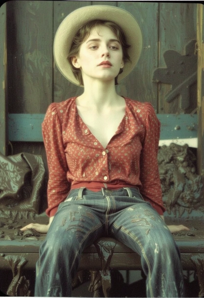 close-up, helpless shy ordinary woman, saggy breasts, flared (Victorian jeans with flounce), deeply sitting on her back in the park, caught in a sexual fetish session, wet clothes, 19th century photo, deep focus, vintage film grain, color correction retro style, soft lighting, ((in victorian jeans with flounce))