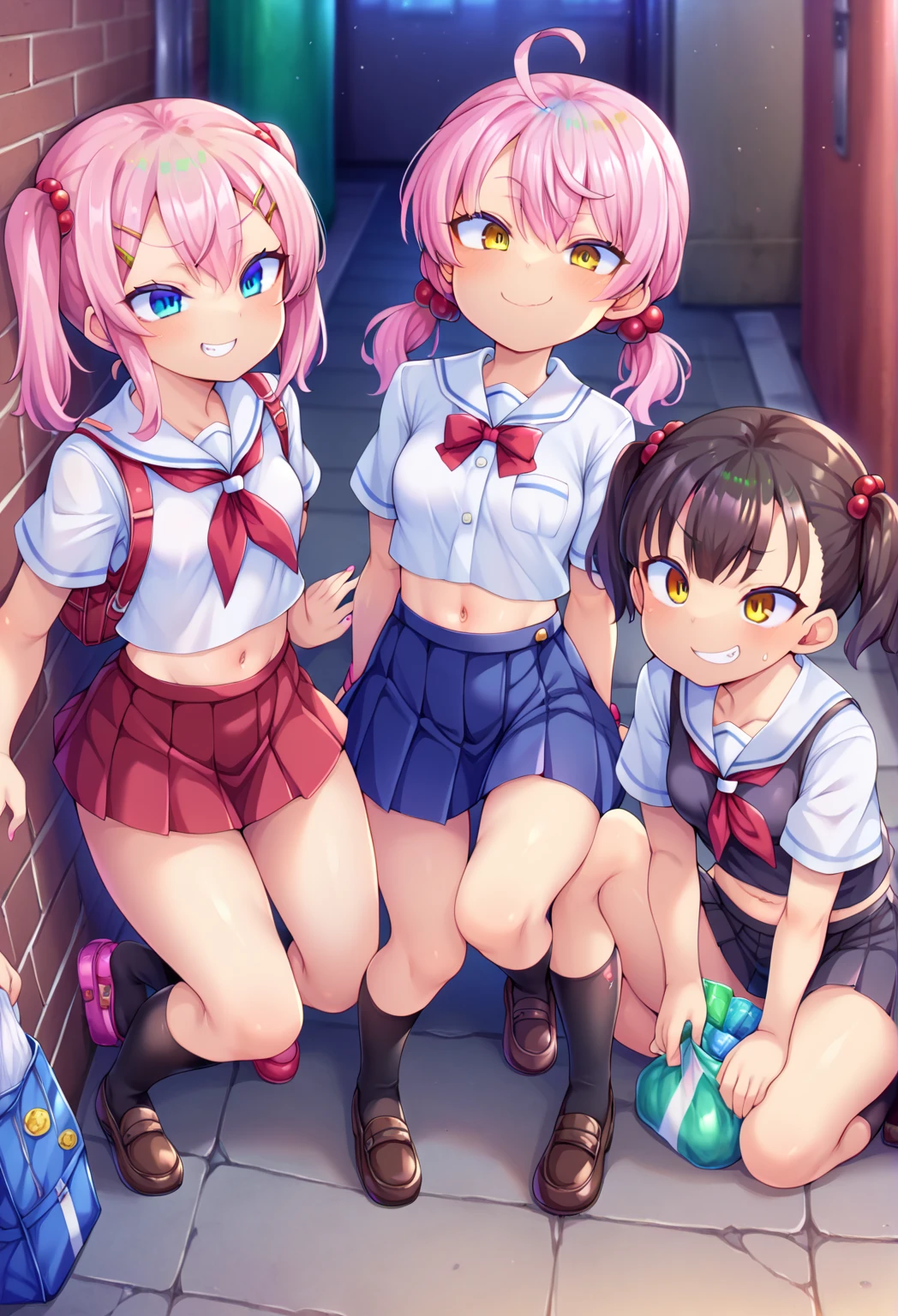 (4 different girls having sex), 4 girls with pink hair, long hairstyle with two tails, ((small bushy eyebrows)), wearing gothic lolita clothes, lolicon, walking to school, flirty smile, walking to school, look bored, boring face,, (sitting with her legs open lifting her skirt to show her vagina wet with semen), 1 boy having sex with the girls, scared young man, girls assisting her to have sex, girls smiling, 2 girls touching a girl in the middle, hands on the crotch of the girl in the middle