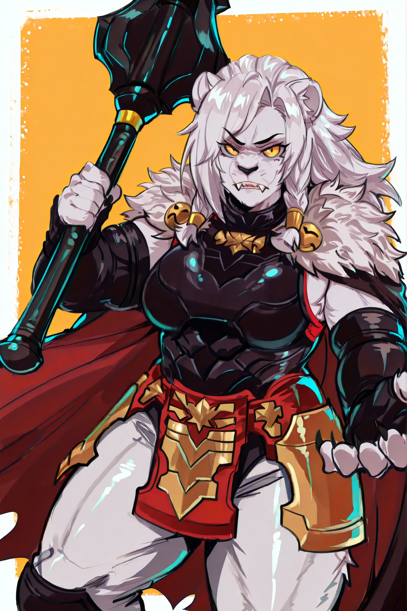 kurenaiz, ThokkIN, masterpiece, ultra highres, best quality, 1girl, tall, medium breasts, short asymmetrical haircut, textured choppy ends, side-swept bangs, layered cut, tousled texture, modern hairstyle, female Battle Beast, athletic lioness warrior, Battle Beast armor, battle-scarred armor,  fierce yellow eyes, white fur skin, athletic build, sharp claws, battle stance, fangs, intense expression, warrior's pride, giant gothic mace with metal handle, fur ceremonial cape made of bear {{fur texture cape}}, massive pelt cape, preserved claws on shoulders, leather straps and bindings, tribal ornaments, detailed cloak fur rendering,