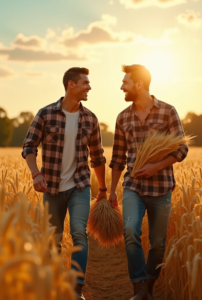 Two lumberjack-style men, mature, in plaid shirts and battered jeans with lumberjack boots. The men are hugging and kissing passionately. Romantic scene on a wooden balcony on a farm at sunset. The sky is yellowish, reddish and orange. Photorealistic scene, super detailed and realistic. Desfowue background. 8k