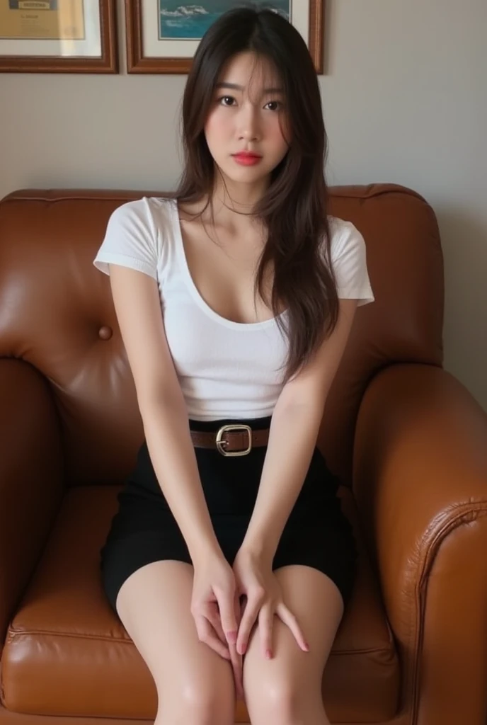 26 years old, a beautiful face of an actress is man's own one, perfect shape of female large breasts is man's own one, tight formal shirt is worn, a penis of male crotch being naked is exposed, between legs, sitting on the sofa in living room, nsfw, best quality, highly detailed, masterpiece, ultra high res, photo realistic, 8k, japanese