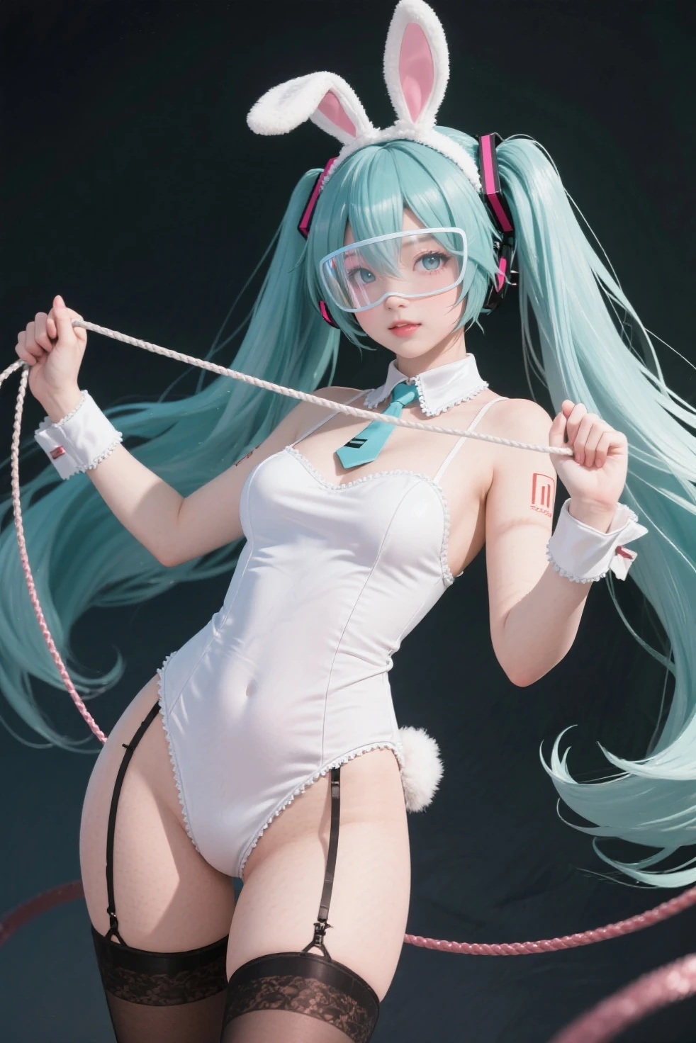 1 girl in, solamente, (NSFW), Cute 18 year old girl in twin tails, ((cuerpo femenino perfecto)), (Maquillaje de cara linda), multiple (cabello color arco iris: 1.2), (Hermosos ojos azules detallados: 1.6), (Ojos fotorrealistas: 1.6), feliz, Ucraniano, (Small body), ((small hips)), ((white pale skin:1.2)), (Micro bikini y top de tubo: 1.2), (Pantimedias mate: 1.6), (("TRON LEGACY ciudad futurista" fondo de estilo)), (Noche:1.2)