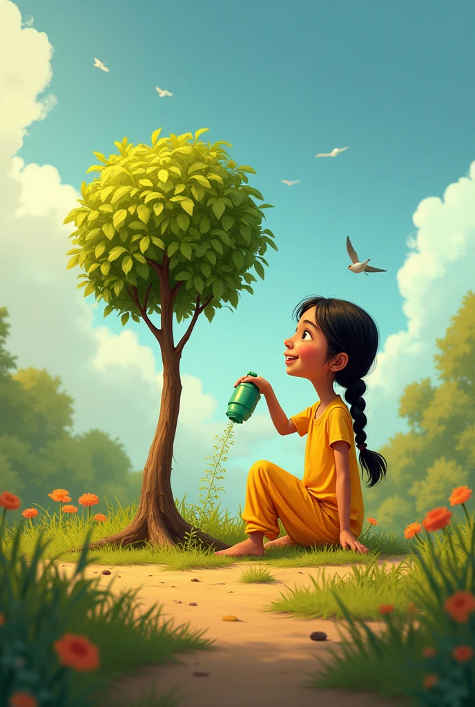 Show the same cheerful South Asian girl in yellow with braids visiting the tree again and again—watering it, sitting beside it, smiling at it with hope. The tree still looks dry. Use a multi-frame or soft time-lapse effect to show passing days. Include small changes in the sky (sun, clouds), birds, and clothing. Garden background stays consistent. -- vibrant colorful digital art, storytelling montage, gentle tones, 16:9 format, children’s storybook style