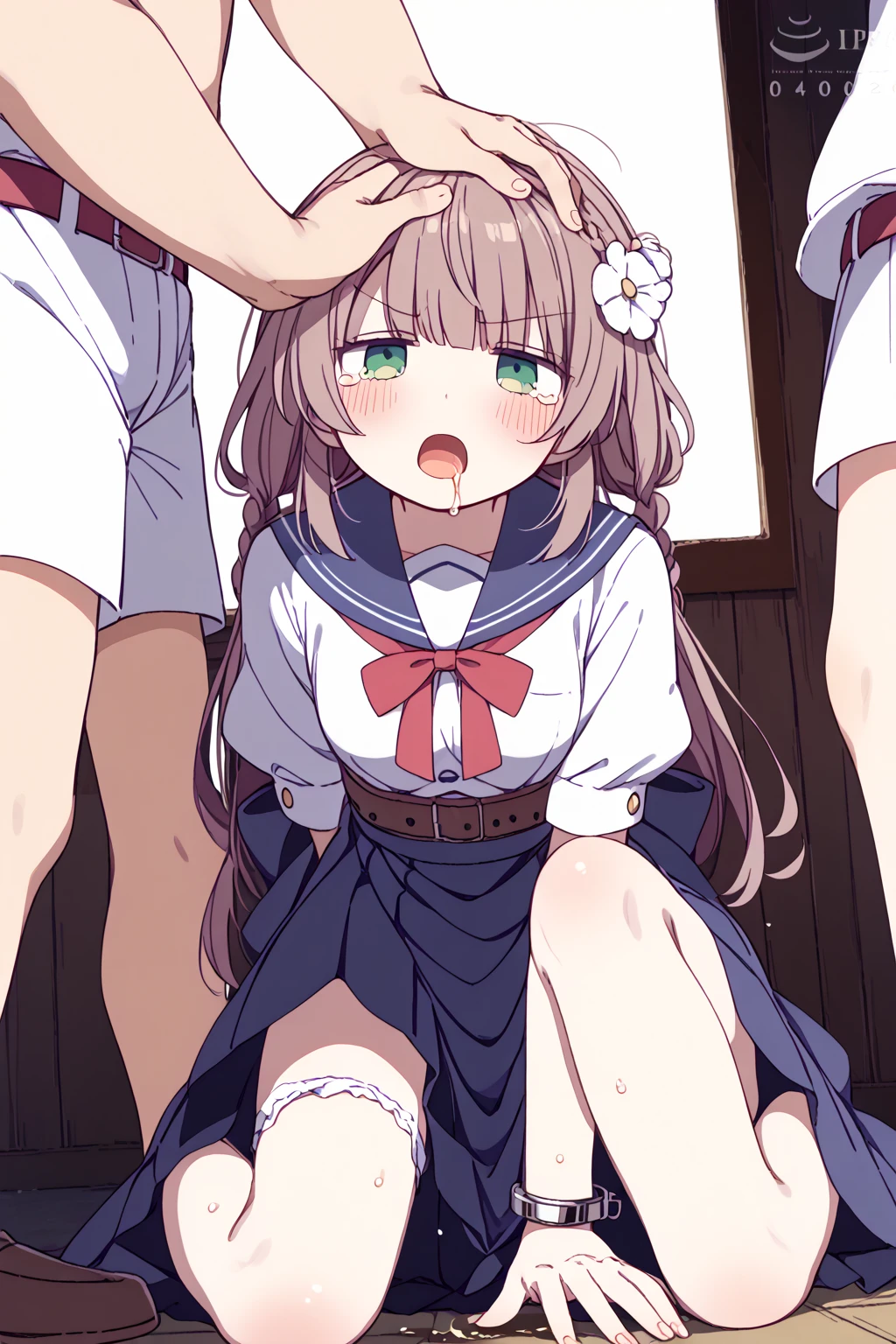 score_9, score_8_up, score_7_up, source_アニメ, masterpiece, rating_safe, 1girl, 独奏, (hinata), one side up, blue dress, white sailor collar, white long sleeves, red bow, blush, indoors, looking at viewer, full body leaning forward, skirt open、cute、blush、Watery eye、Sex、Creampie、vaginal penis, missionary, saliva trail, orgasm, Drooling pulls a thread、(Semen overflowing)、Cum String、A lot of semen、Wet、Anime H、Anime Images, (Violent Rape)、Trembling、1boy, intercourse with a man, Insert the big penis、((uterus at viewer penis inserted into pussy from cross section looking through))