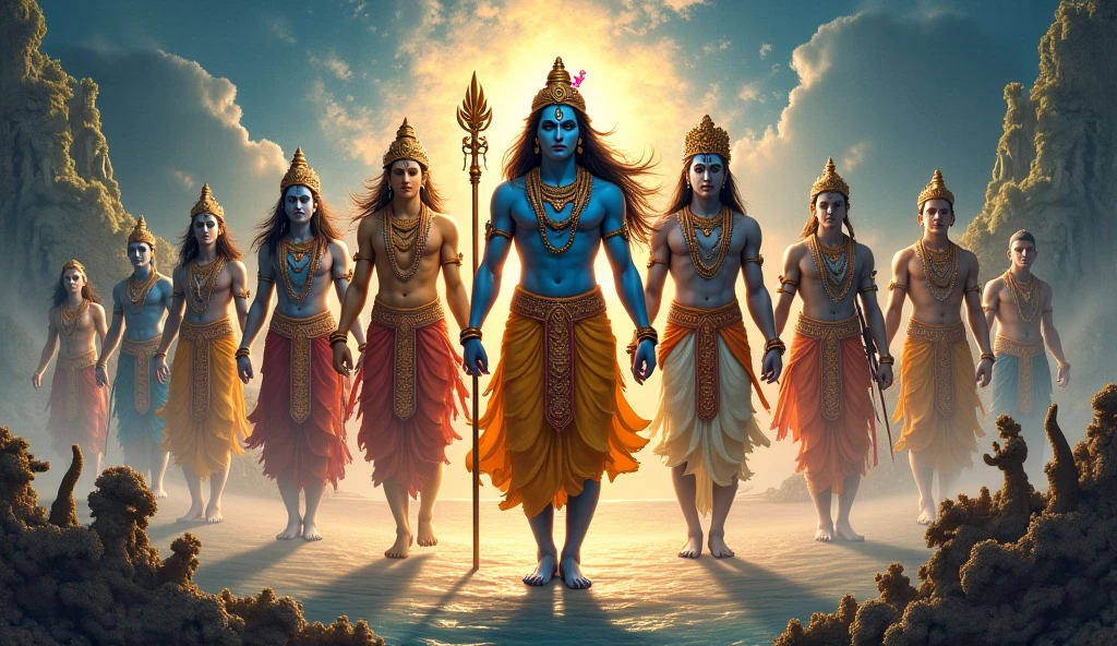 Generate the
Photo of lord krishna,lord ram,lord Vishnu, lord hanuman and lord shiva in one frame