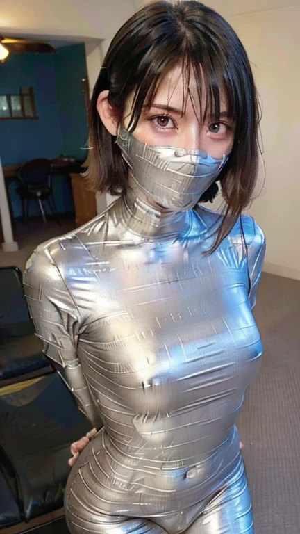 gagged, blindfold, tape gagged, ((1 girl)) ((Imprisoned in a warehouse)), ((Wrap the heads around with white duct tape:1.4)), ((Wrap the faces around with white duct tape:1.4)), (((blindfold around with white duct tape:1.5))), ((From head to toe, wrap them in white duct tape to make a mummification:1.5)),16 years old, (Highly detailed CG Unity 8k), (highest quality), (Very detailed), (Ultra-high resolution), ((Hands tied behind back)),