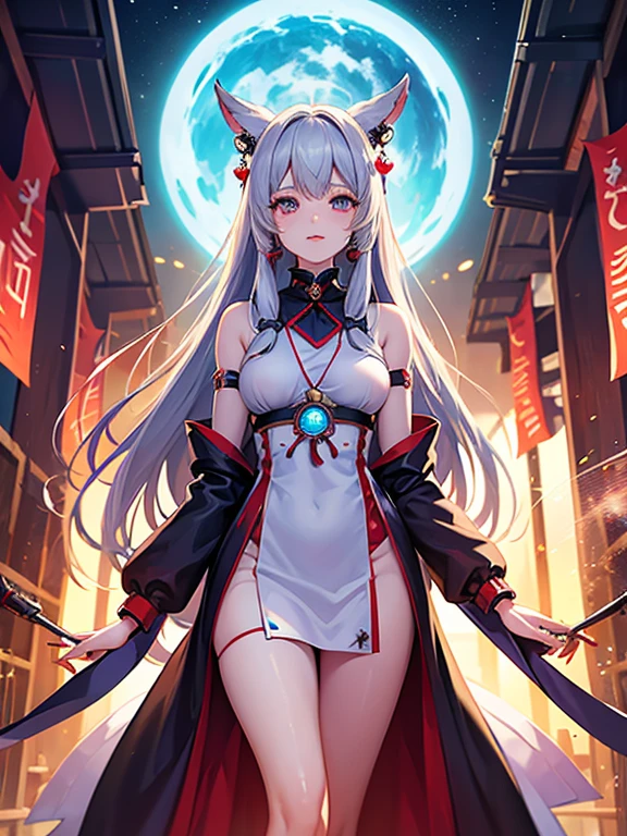 Spirit fox, sexy, bright eyes, white hair, fox ears, loom at viewer, beatifull girl, seductive gaze, sexy pose, orange eyes, fox eyes, eyeliner, japanese clothing, perfect girl, bauty girl, sexy girl, good body.