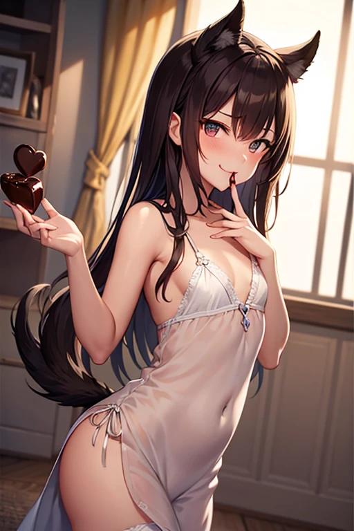 masterpiece, beautiful illustrations, highest quality, pretty girl, 1girl, Bedroom, pastel colour, (two-separated lingerie), cute lingerie, reddish brown long hair, headband, bright lighting, presenting, looking at viewer, on bed, embarrassed