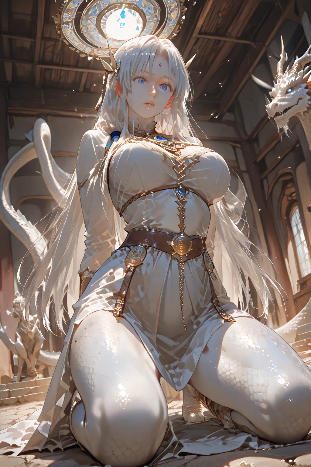 "Generate an image of a seductive, otherworldly woman, showcasing an oval face with a lustrous white fur coat, framing piercing, glowing eyes. Her striking features include high prominent cheekbones, full, inviting lips, and a toned figure with an hourglass shape. Smooth, glowing skin covers her large, round breasts, which sit firm on her chest. Beneath the skin, her abs are defined and strong. She wears fishnet stockings that accentuate her thick, curvaceous thighs and hips. Her tail - long, supple, and swaying - adds a captivating, enchanting allure.