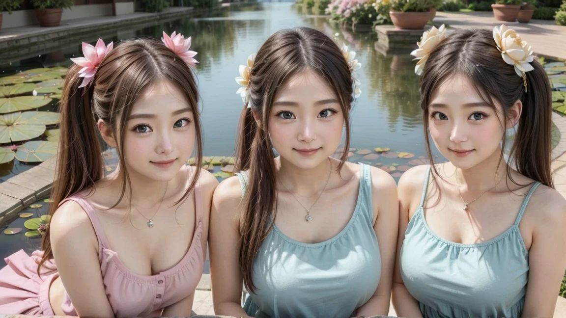 ( 3 girls),smile、Look into the camera、Diamond necklace、Braided hair, random colored tank top:1.2、The material is smooth and flexible.、exposed upper arms、Knee length socks Extra long twin tail hair、close range shooting、Flower Hair Ornaments、Garter、 Masterpiece, Highest quality, 8ก, beautiful girl, young face、 photography, Cute face, thigh, waterfall,、รอยsmile、small waist, blue eyes(((The chest is erect.)))(((round chest)))(((big breasts:1.2)))