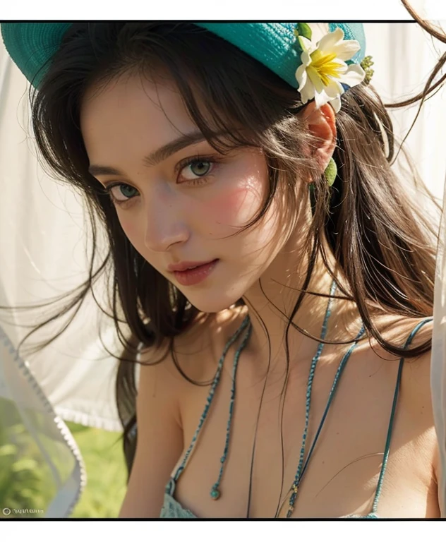 Sensual India, dressed in a bikini and a colorful feather headdress in a river in the Amazon, with trees and flowers, blue sky and bright sun
