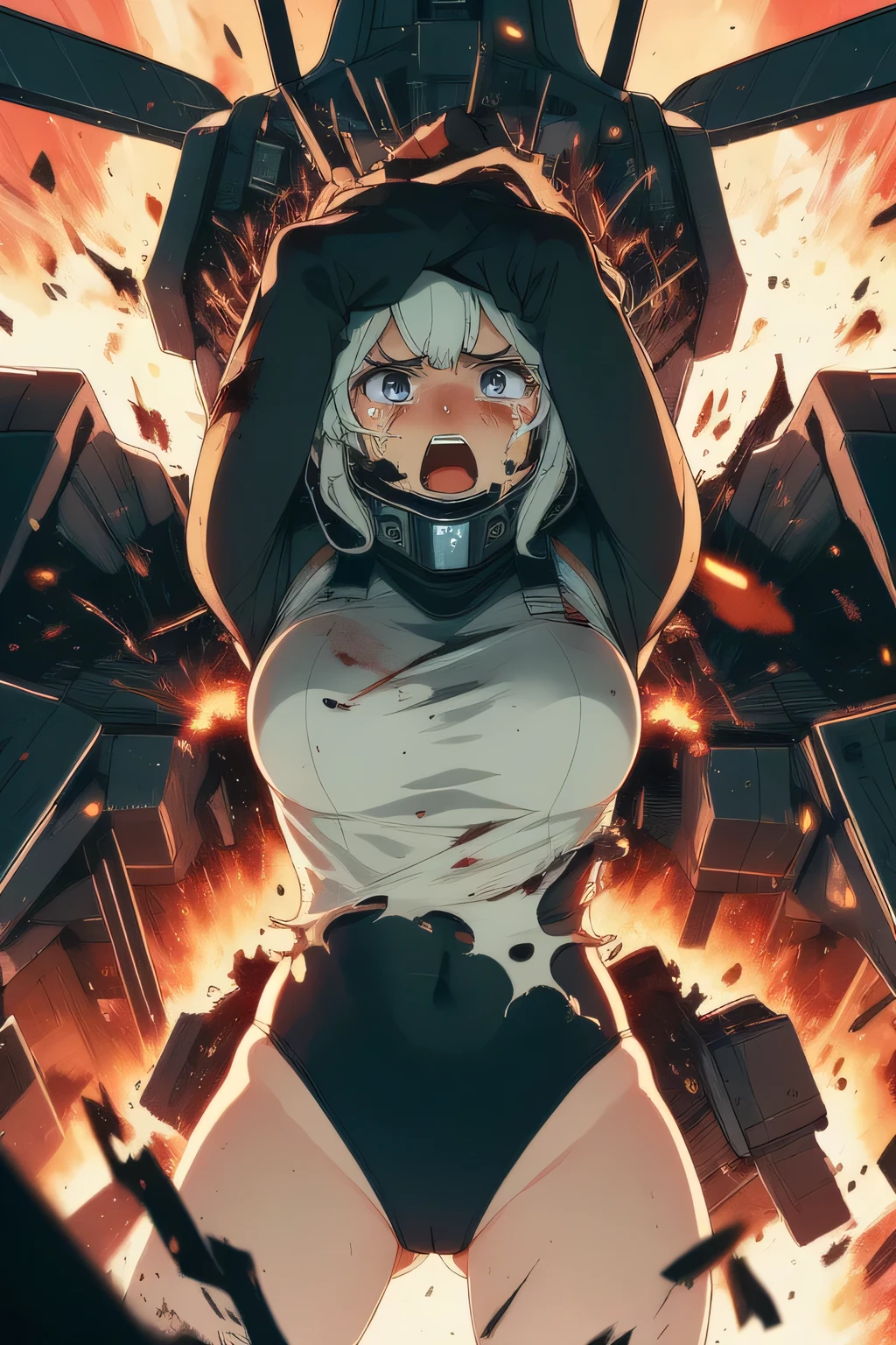 cockpit_explosion, fire, electricity, screaming, explosion, science fiction, wide-eyed, tearing clothes, standing, blood, scared, sweat, crying, mecha, torn clothes, tears, cockpit,1girl、wearing black gymnastics bloomers,high leg,white blouse,cowboy shot