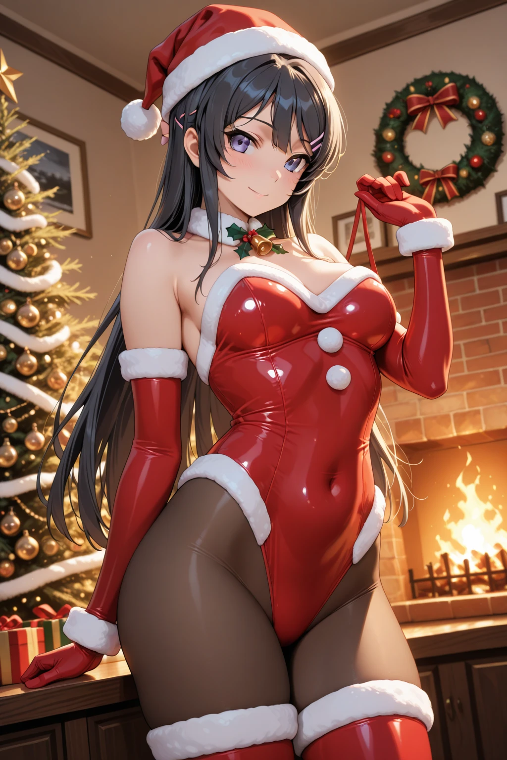 Masterpiece, top quality, 16K UHD,
sitting,
Warm Christmas decorated room, 2girls, multiplegirls, solo, cute, warm smiling, blushing, embarrassed, openlegs, cameltoe, (red bunny girl costume:1.4),