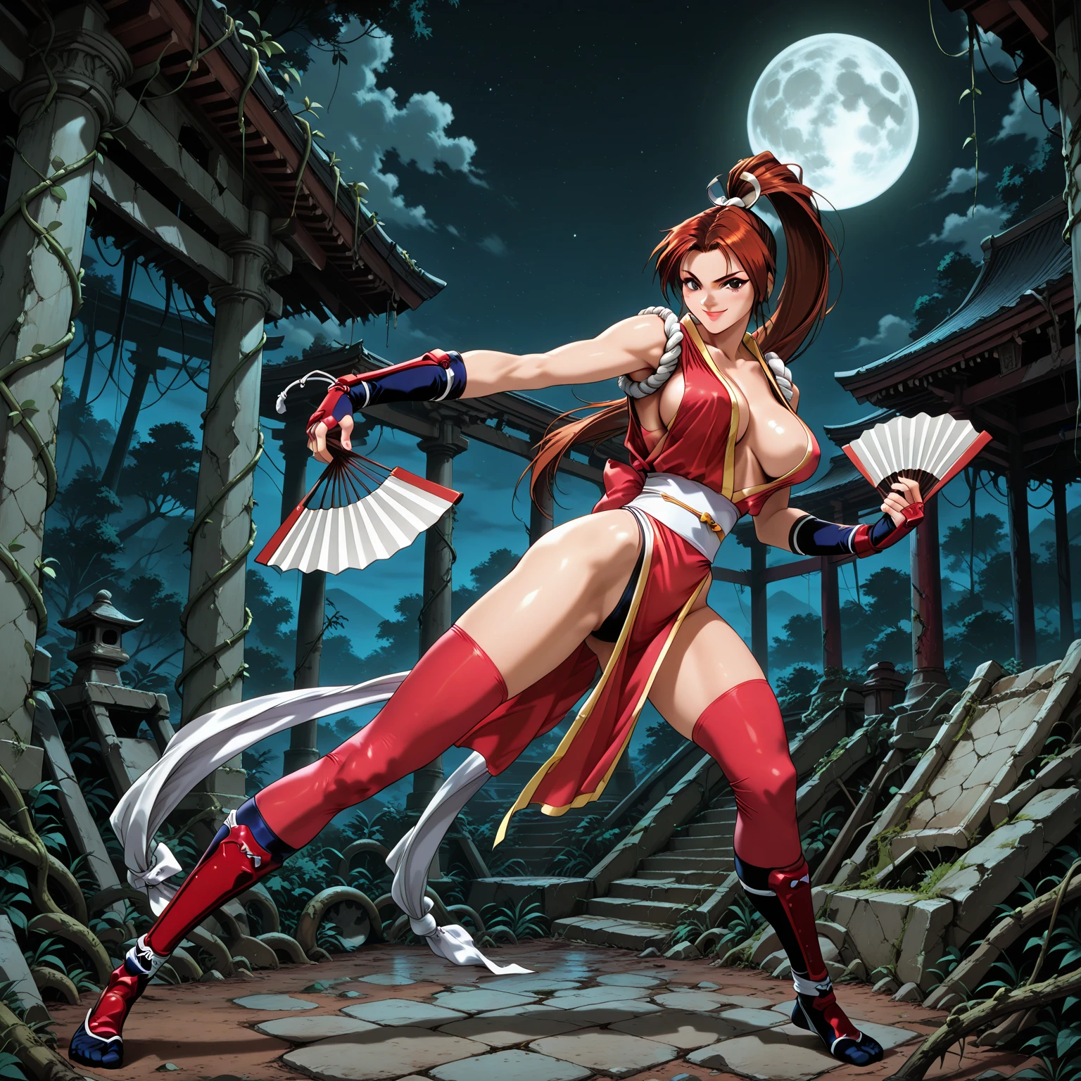 1girl, red hair, shoulder-length, detailed face, detailed eyes, detailed lips, japanese, large cleavage, brown costume, samurai shoulder armors, white sleeves, ultra long fingernails, brown leggings, brown boots