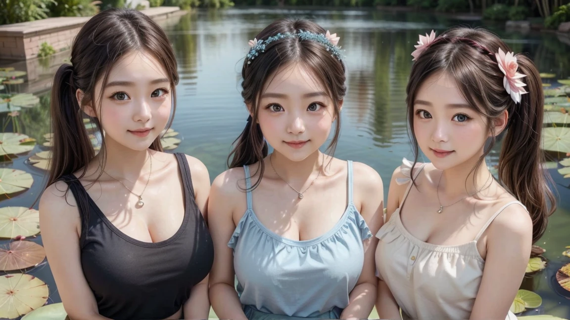 ( 3 girls),smile、Look into the camera、Diamond necklace、Braided hair, random colored tank top：1.2、The material is smooth and flexible.、exposed upper arms、Knee length socks Extra long twin tail hair、close range shooting、Flower Hair Ornaments、Garter、 Masterpiece, Highest quality, 8ก, beautiful girl, young face、 photography, Cute face, thigh, waterfall,、รอยsmile、small waist, blue eyes(((The chest is erect.)))(((round chest)))(((big breasts:1.2)))