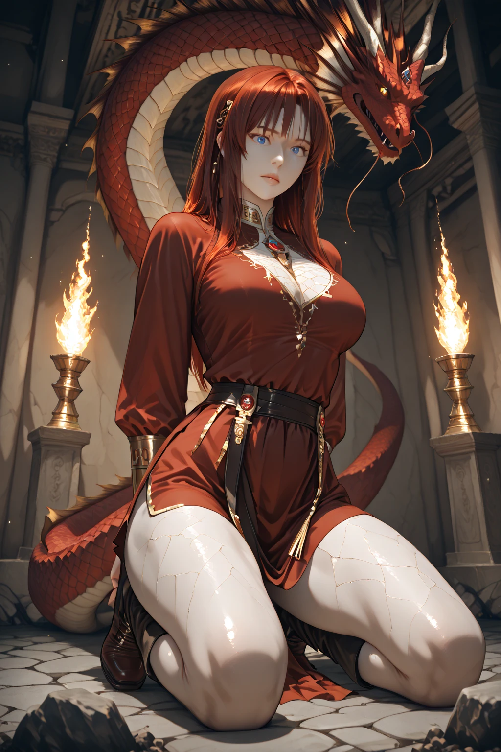 1 naked girl, liuyun, fire ball, long hair, floating hair, hair flower, eastern dragon, red and white, upper body, looking at viewer, nsfw, full body