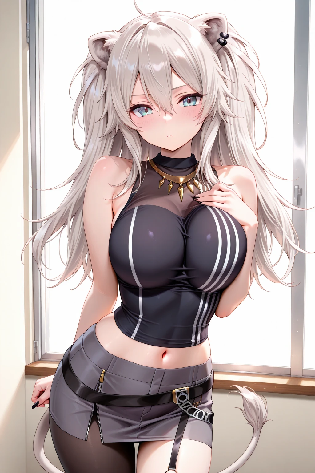 highest quality, 32k, Raw photo, Amazing abs urdres, Very detailed, Delicate texture, (Beautiful and beautiful eyes: 1.2), (overhead), Gray Hair,Long Hair,Beautiful Face, One girl,White crop top, leather shorts, Oversized leather jacket ,Sweat, Lots of Sweat,Ahegao, Roll your eyes, blush,Drooling,body fluid,indoor, night, Sexy mole,Ample breasts、??????