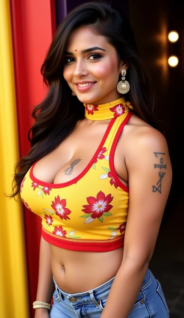 A beautiful Brazilian woman in her early 20s named Taniá, with stunning features, wearing a vibrant dress that accentuates her allure and her DD cup size. The portrait captures her full body, highlighting her slim physique and emphasizing her enchanting curves. Her eyes are captivating, with deep, expressive gazes that draw you into her world. Taniá's lips are lush and perfectly shaped, exuding a sense of sensuality and elegance. Her long eyelashes add a touch of allure to her mesmerizing eyes. The artwork reflects the highest quality, boasting exceptional resolution, such as (best quality, 4k, 8k, highres, masterpiece:1.2) and ultra-detailed rendering. The image exudes a realistic and photorealistic quality, allowing every intricate detail to be visible. The lighting is professionally done, with the perfect balance of highlights and shadows, further accentuating Taniá's beauty. The vibrant colors in the artwork bring life and vibrancy to the scene, creating a visually captivating experience. The (dress:1.3) she wears is adorned with intricate patterns and rich, vivid hues, adding to the overall visual impact. The color tones are carefully chosen to complement Taniá's complexion and evoke a sense of warmth and allure. Overall, the artwork represents a masterful portrait of a beautiful Brazilian woman. It combines the allure of Taniá's captivating presence, the richness of the medium used, and the highest quality craftsmanship. The viewer is transported into her world, captivated by her beauty and the artistry that brings her to life.