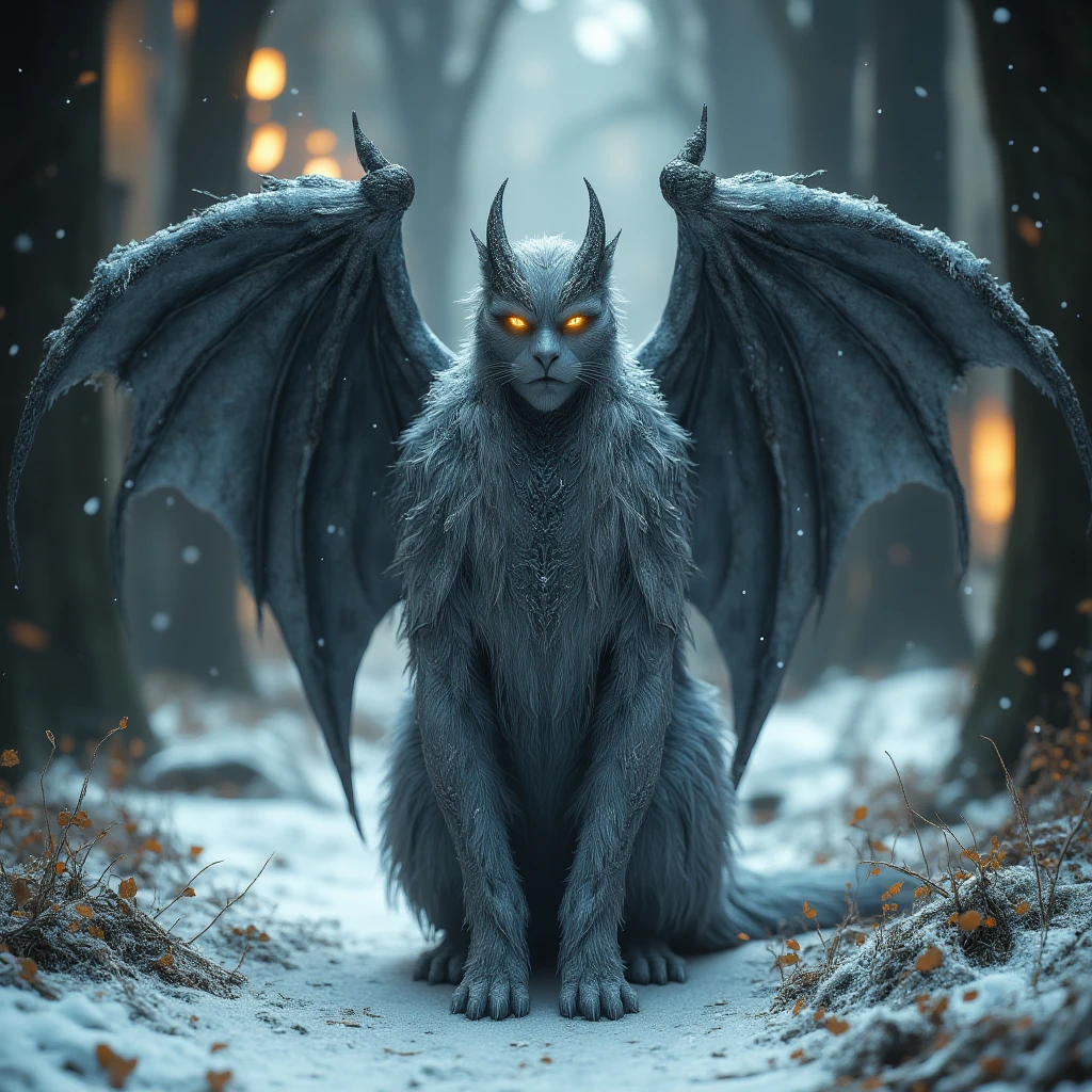 extremely detailed CG unity 8k wallpaper,masterpiece, best quality, ultra-detailed, best illumination, best shadow, an extremely delicate and beautiful, a terrifying and powerful creature, glowing eyes,(dark fur)+bat wings, claws, sharp teeth,(forest+dark atmosphere), dramatic and striking lighting, wide shot. --auto --s2
