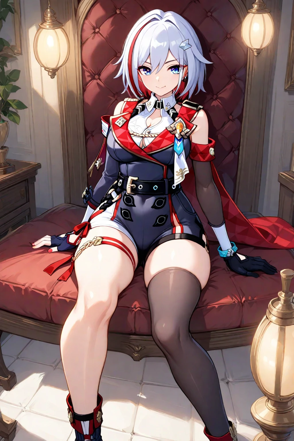 ((masterpiece)), ((Best Quality)), (ultra-detailed), ((extremely detailed)), 4K, (8K), best quality, top-quality, anime style,1girl, solo, The most detailed skin, White lace bodysuit, red velvet short skirt, black open-toe sandal heels, set of gold bangles, red velvet choker, //, Stunned expression, Girl with troubled face, Ecstasy, (sexual expression), smile, blush, Red face, //, large breasts, voluptuous body, //,  Medium bob hair style, Deep blue hair color, (beautiful eyes), pink-skinned, //, Wall with graffiti, dim streetlight, (thick lines:1.2),
