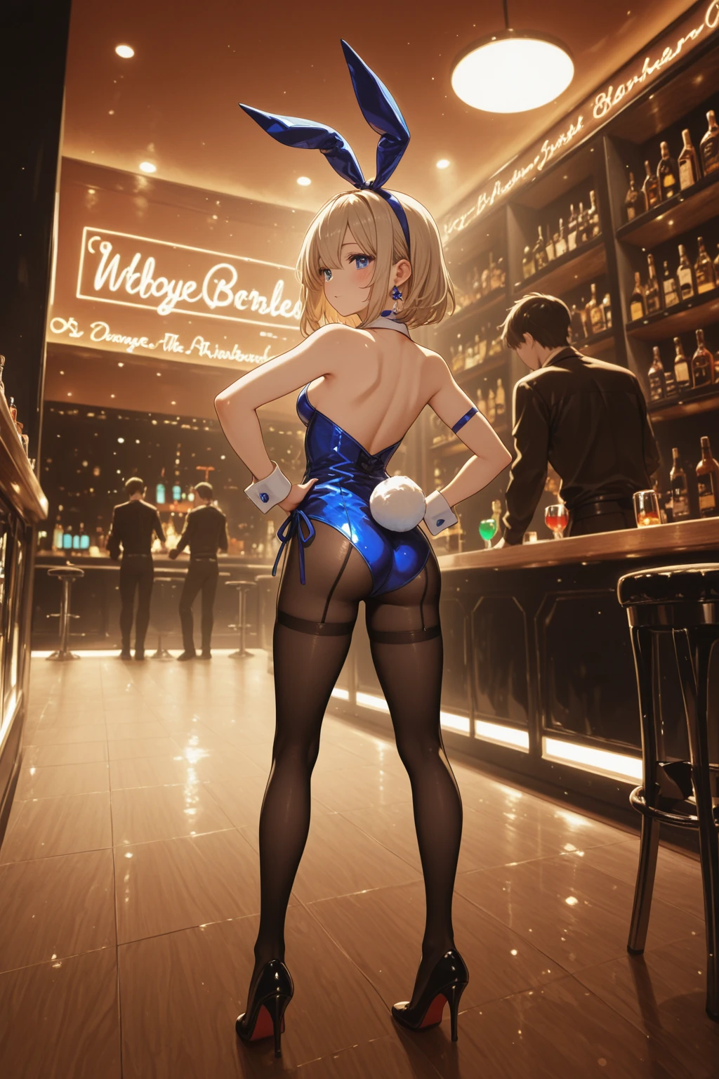 (Photorealistic:1.8, highest quality:1.8,8K masterpiece:1.8,High resolution,Mastepiece:1.8,RAW Photos,Cinematic lighting),No split screen、Brilliant lights、Danceteria、Mirror ball、1 Bunny Girl、Zooming in on parts、Back view、Angle from below、
(Real skin texture:1.3)、(Short blonde hair)、Woman's Costume(choker、Bunny Girl Suit、Fishnet tights、Bracelet、Rabbit's Tail)、Crotch close-up、((Perfect female body))、
Beautiful expression、Beautiful Face、Beautiful Eyes、Esbian all over、(Random Sexy Poses:1.3、thrust one's hips upward、Stick your hips out to the camera:2.3)、cameltoe、(Immersive atmosphere、Chiaroscuro:1.5、Bright light:1.2、Bright lighting)、Realistic:1.3、Long Shot、The woman is naked、woman is nude、Adult video shoot、(smile、Ahegao、Ecstasy face、Climax:1.4)、Random Angle