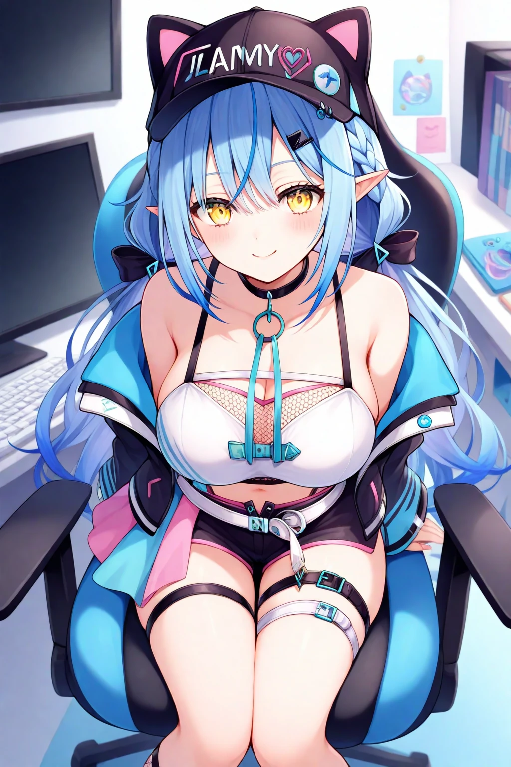 A cute woman (sheer lingerie, cat ear head set, comfy cameraoffice chair, brightly colored hair with matching contact lenses) is at her gaming center, she is making lewd poses for the camera
