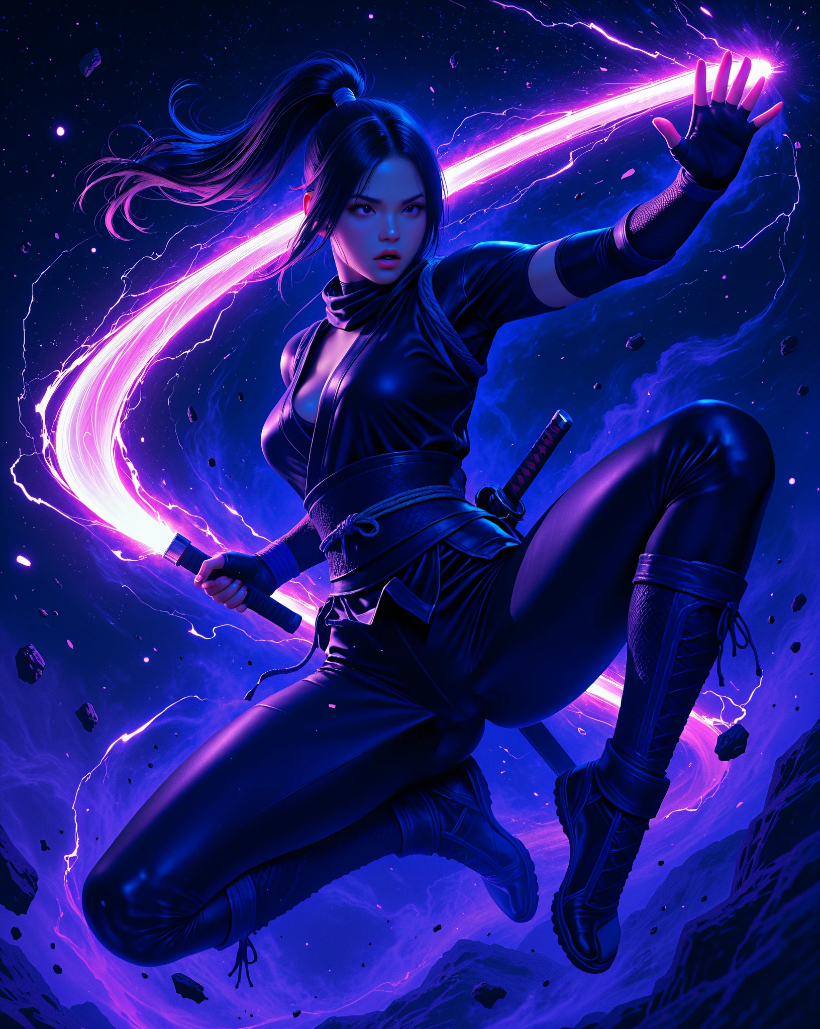 Psylocke, the enchanting sorceress with a big and beautiful face, wields a gleaming sword. Surrounded by a spectacle of swirling colors and radiant energy, her image creates a mesmerizing scene. With a graceful stance, she exudes confidence and power, her eyes gleaming with intelligence and determination. The background is filled with dazzling effects, as if the very fabric of reality is bending to her will, adding to the enigma and allure of this formidable figure.
