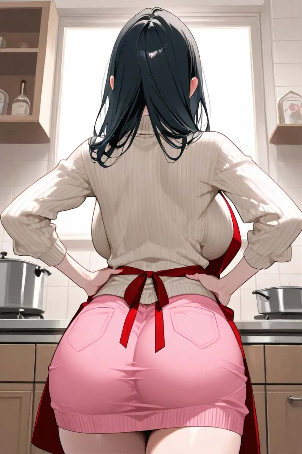 Perfect CG8K, UHD Quality Resolution Wallpapers, Realistic, The most beautiful and sexy uniforms, makinami, Red frame glasses,Wearing a sexy and seductive maid outfit, White panties,Big Breasts,Saggy breasts, Cinema Lighting, Vivid moonlight eyes, Long and fine eyelashes, White skin, Cleavage, Nice big ass, POV camera view from below, Bend your body, sexy slut seductive pose, Looking back at the audience, In her kitchen, Highest quality, Highest Resolution,masturbation, all fours, from behind, from below, focus on panties, focus on panties, hand on pussy,,