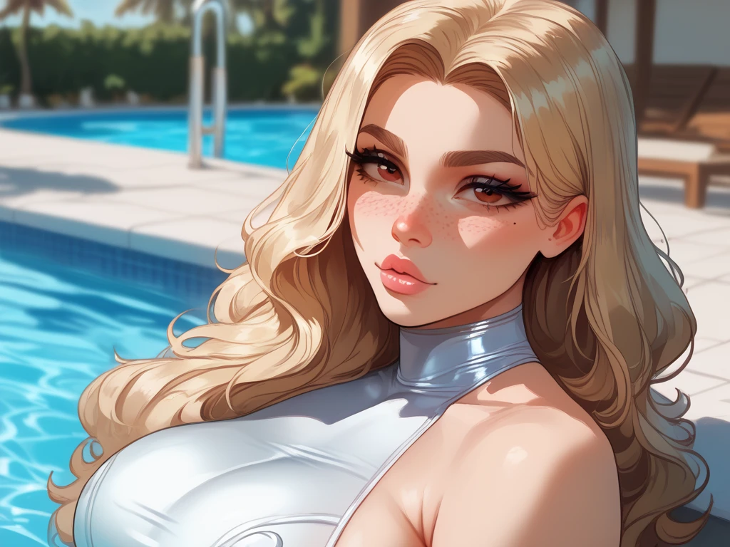 sexy blonde, 30 years old, top figure, wearing a sexy summer dress, holding a glass of white wine, relaxing by the pool, gta painted image, GTA style, beautiful painted image