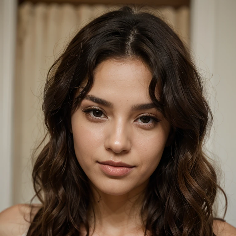 The face of a beautiful Latina with curly hair, light brown eyes , caramel complexion, a rosy, full mouth