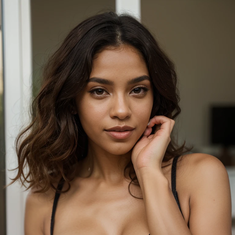 Black girl , wavy hair , big eyes , brown eyes , wearing fitness costum in the gym